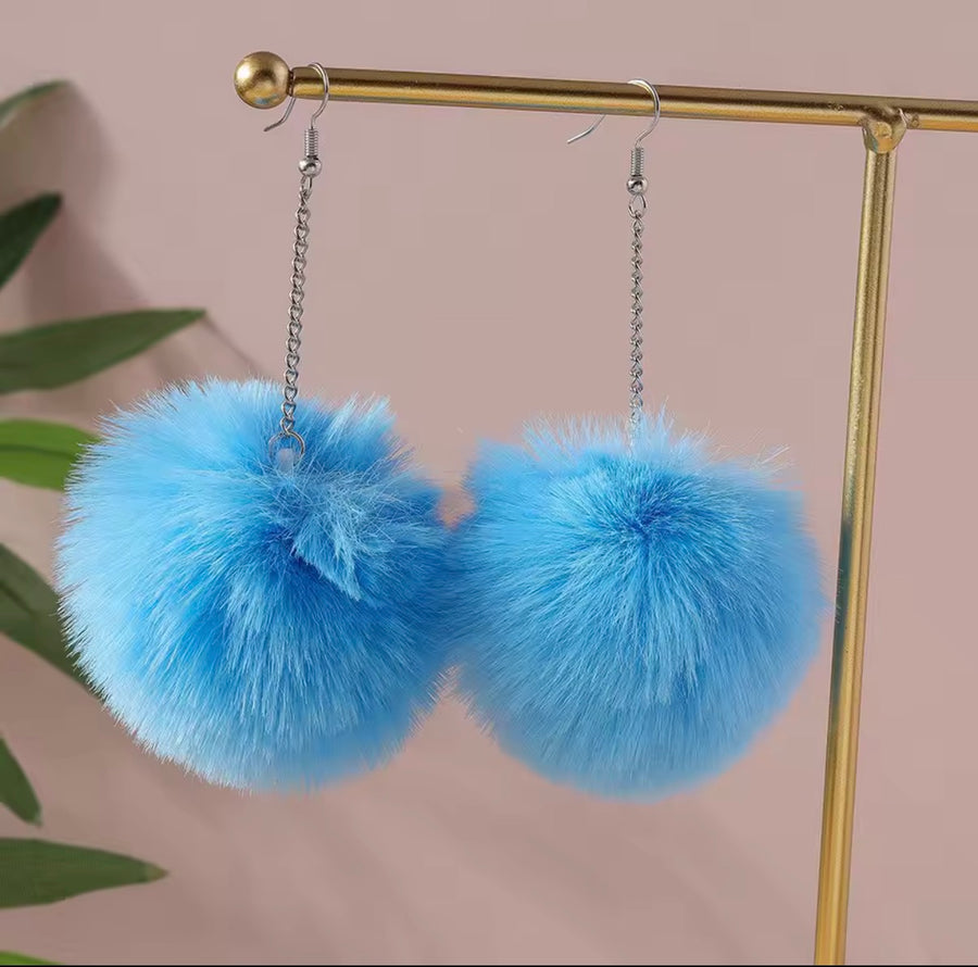 Blue Pom Pom Earrings