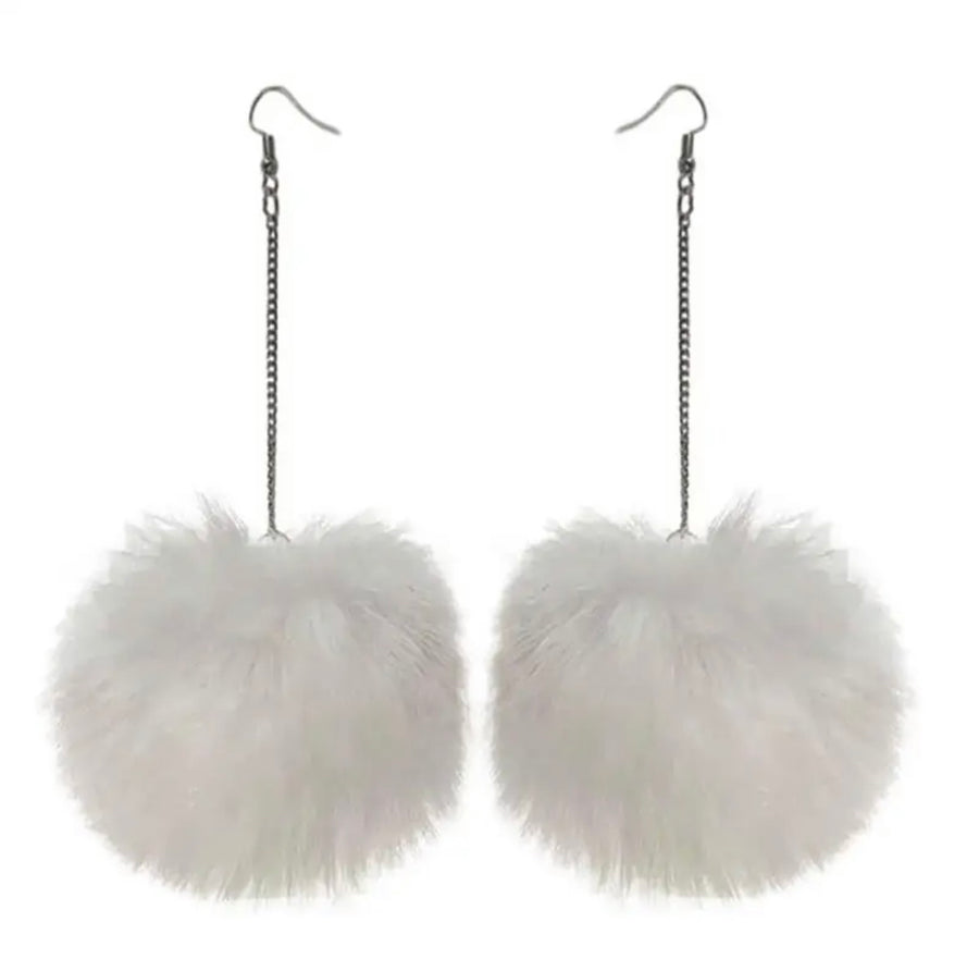 White Pom Pom Dangle Earrings