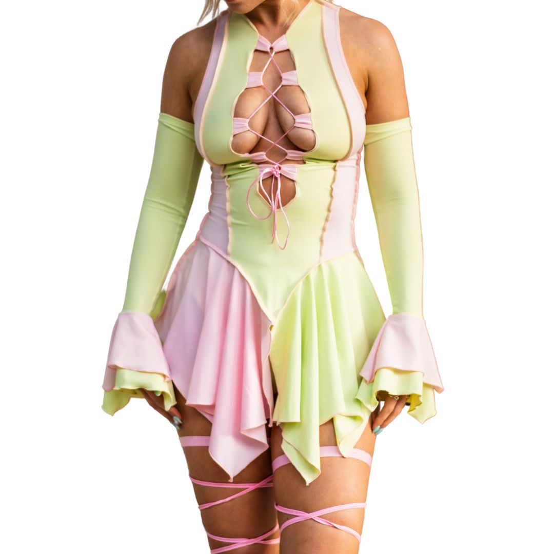 Pink and Melon Pixie Dress and Sleeves Set