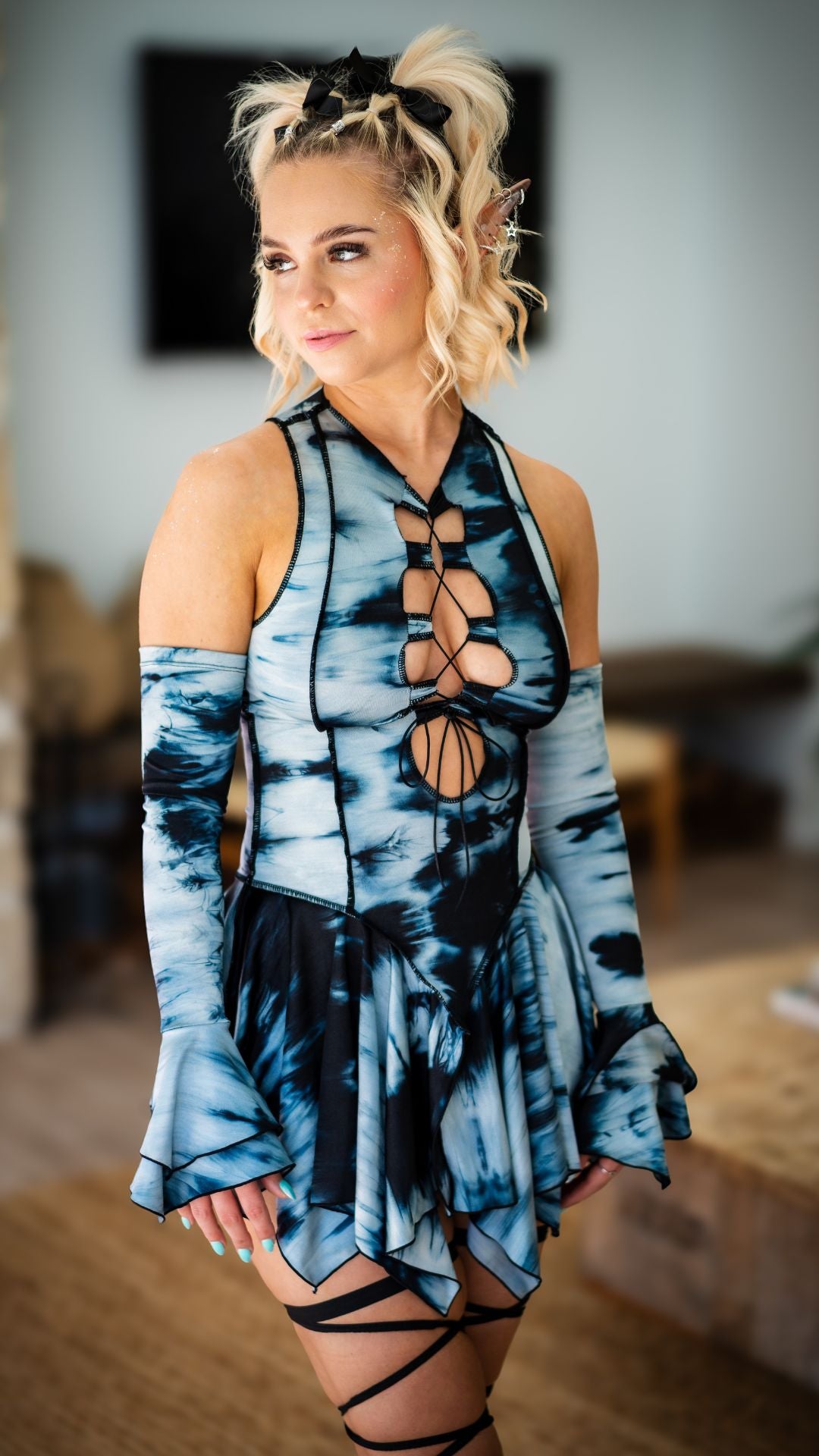 Black Tie dye Pixie Dress and Sleeves Set