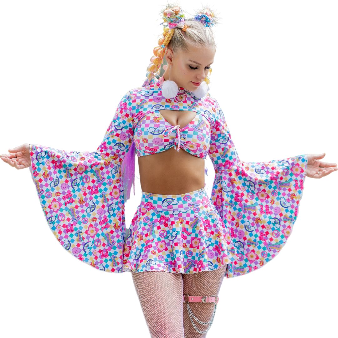 Pastel Stickers Flared Shrug & Ruch Top SET