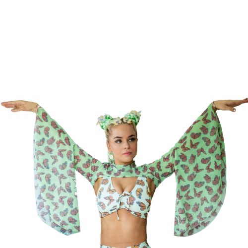 Green Butterflies Flared Shrug Mesh