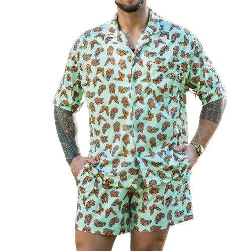 Green Butterfly Mens Button Up