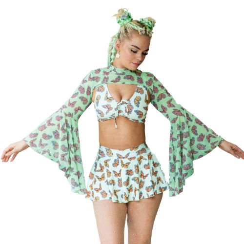 Green Butterflies Flared Shrug Mesh