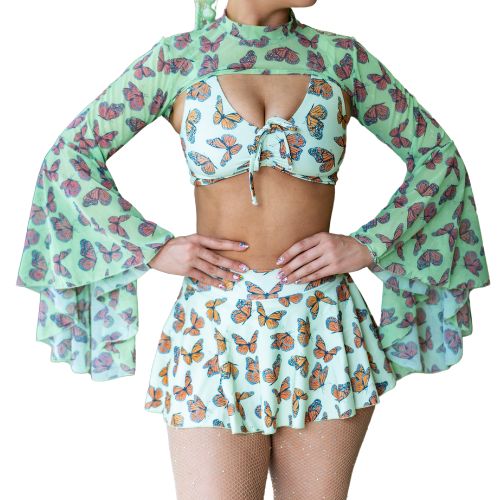 Green Butterflies Flared Shrug Mesh