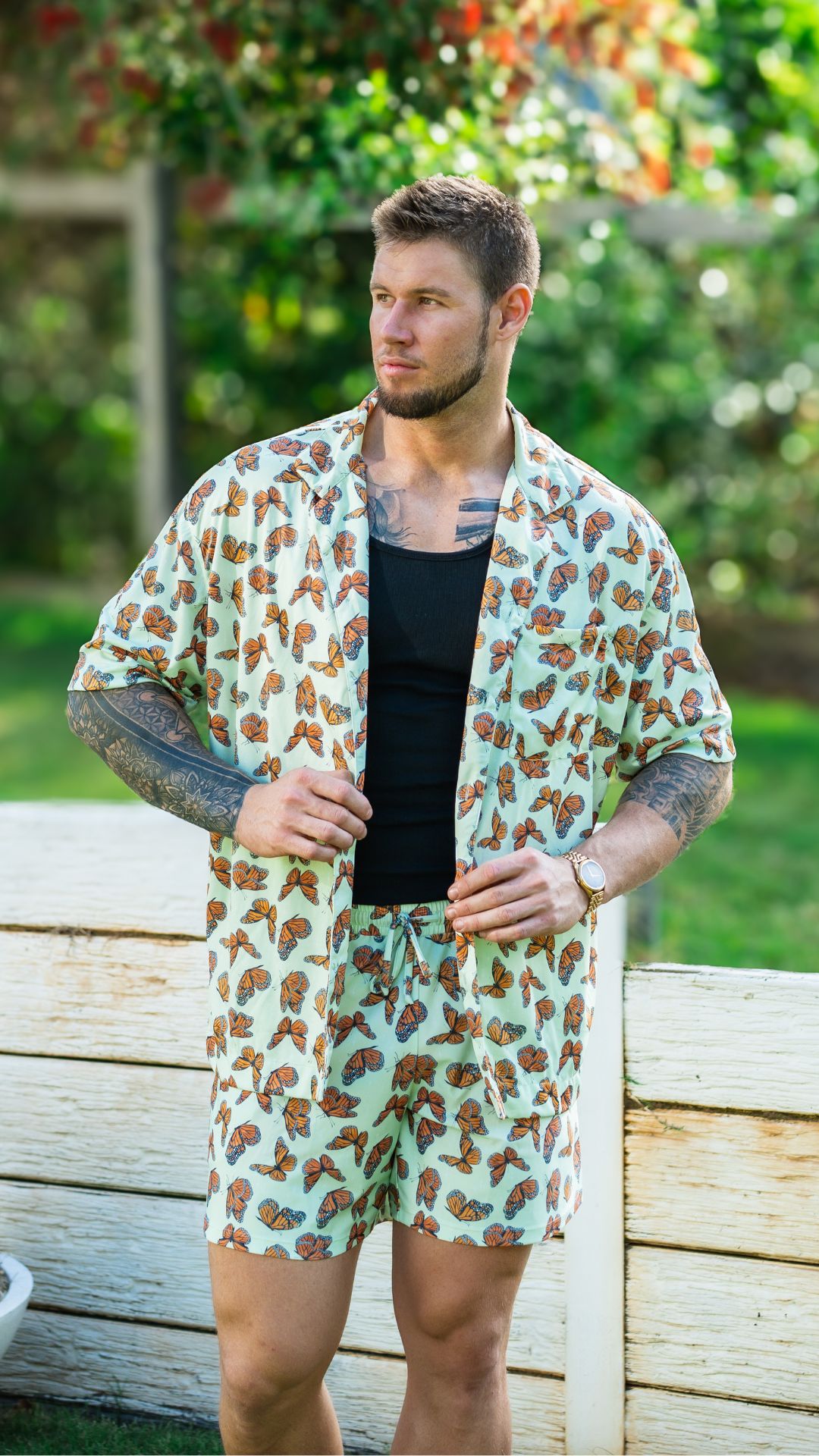 Green Butterfly Mens Button Up