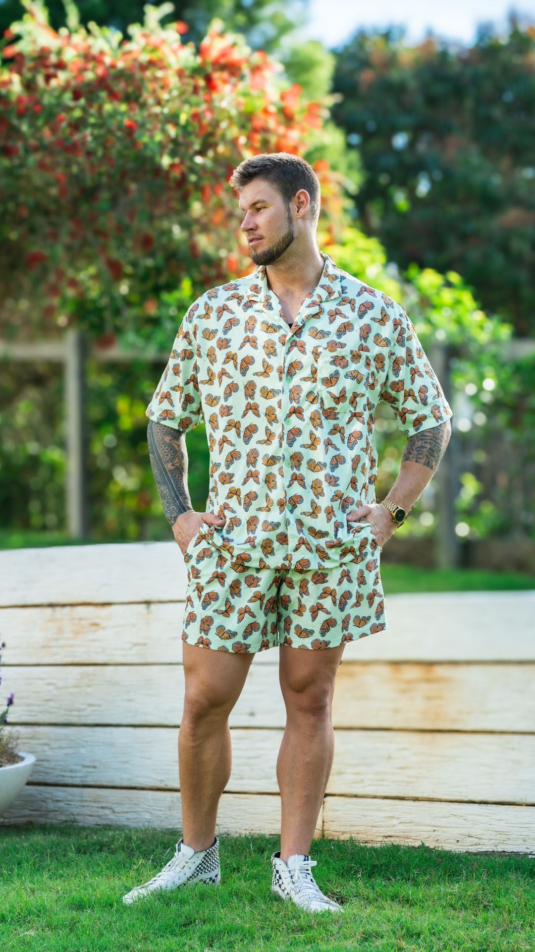 Green Butterfly Mens Button Up